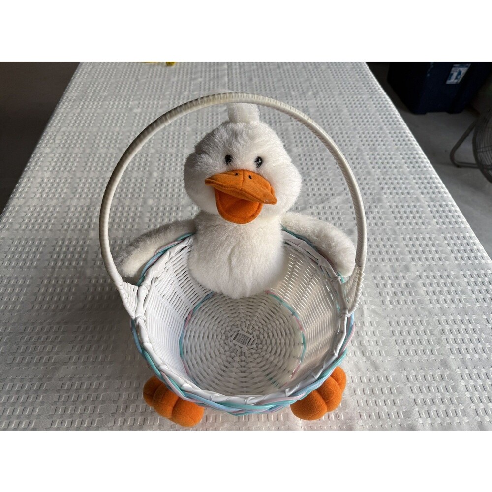 Vintage 1989 T.L. Toys Plush White Duck Easter Basket Wicker